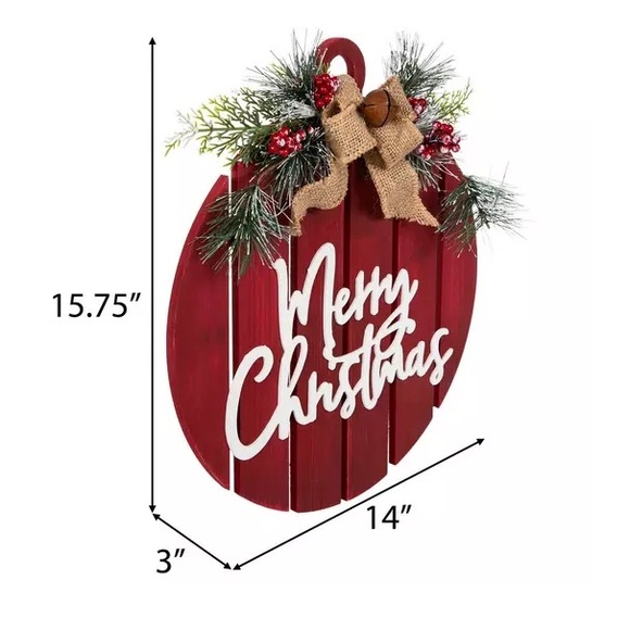 NWT- Red with White Merry Christmas Round Wooden Ornament Sign w/ Bell & Bow - Picture 17 of 17